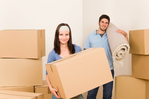 Packed boxes and furniture being loaded into a removal van in Finchley
